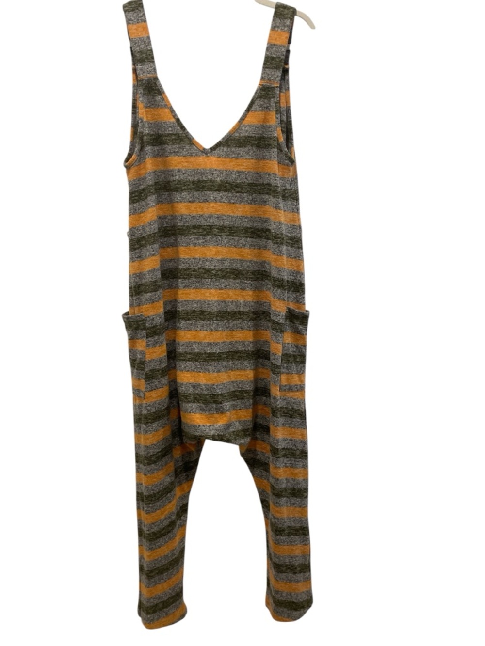 Free People Striped V-Neck Relaxed Jumpsuit in Gray and Mustard size S